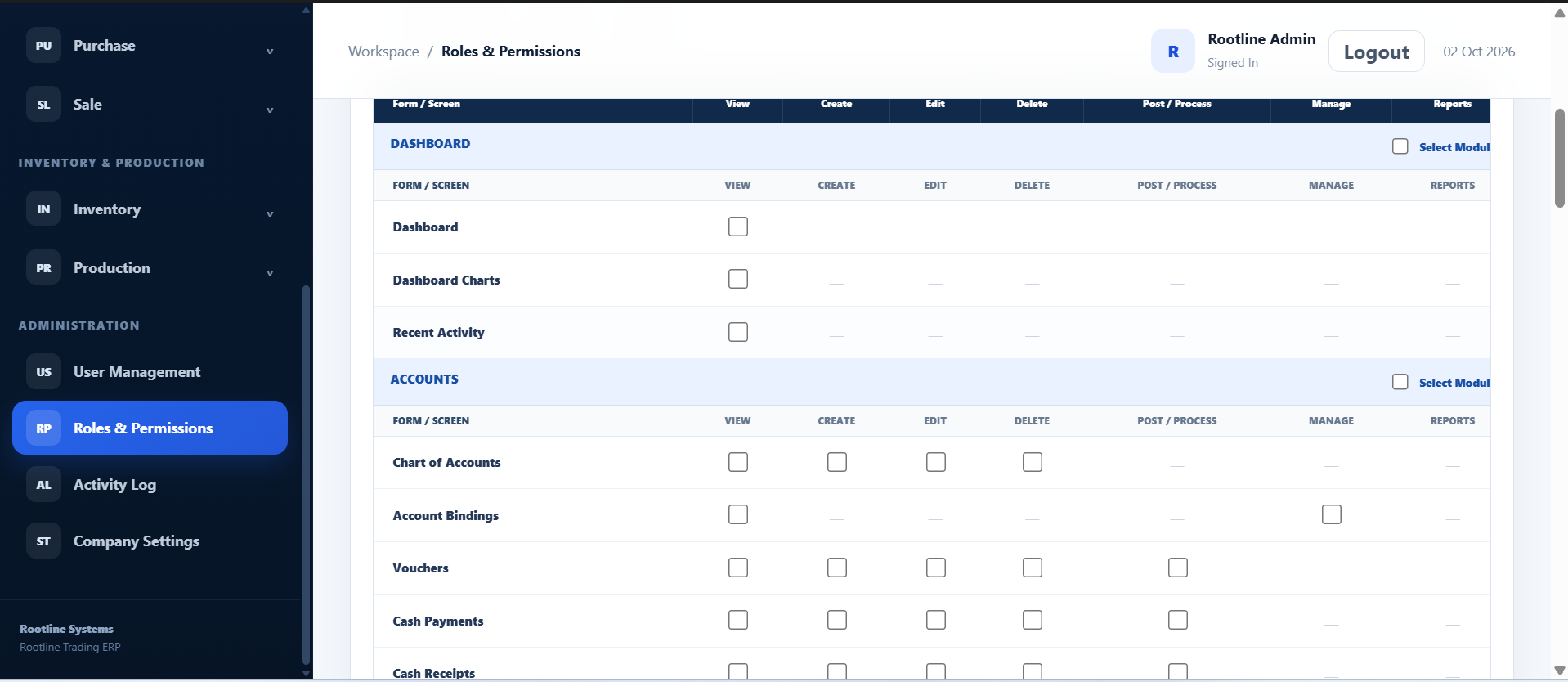 Rootline Trading Users and Roles